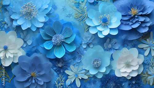 Spring flowers background, empty space for text, blue image; beautiful botanical wallpaper