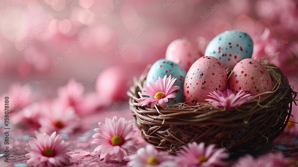 AI Generated Painted eggs with lovely flower in a basket for Happy Easter holiday.