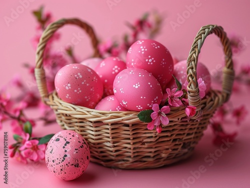 AI Generated Painted eggs with lovely flower in a basket for Happy Easter holiday.