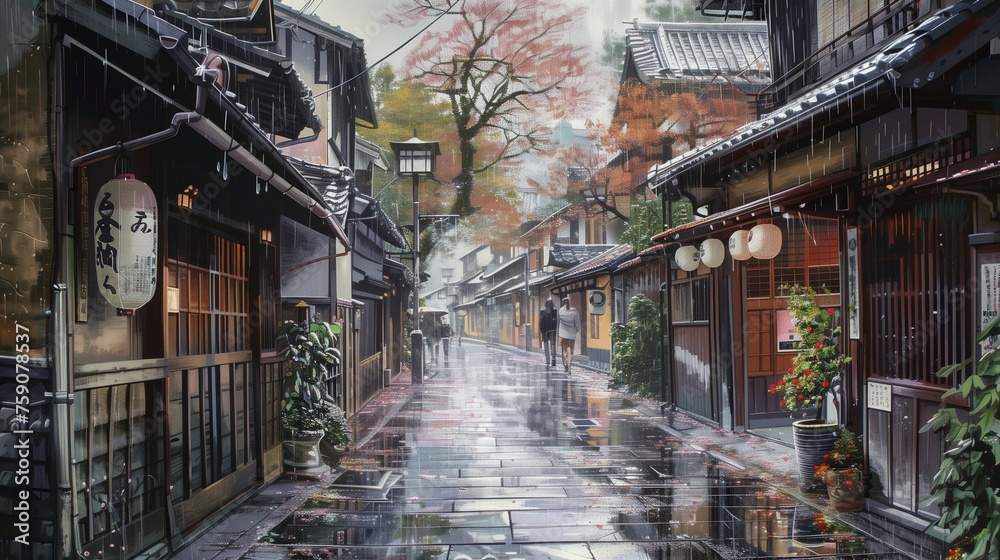 image of a walking tour in Kyoto, Japan, inspired by the style of Hinchel. Infuse elements of villagecore and manga-influenced aesthetics to capture the spirit of the surroundings.