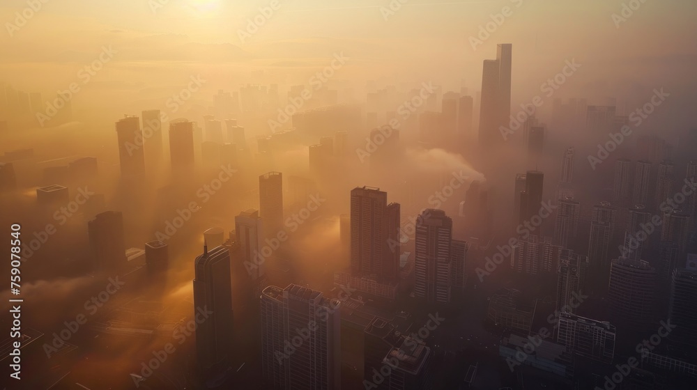 Heavy smog over a busy metropolitan area