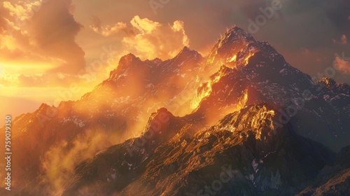 Sunrise casting golden light on a mountain range