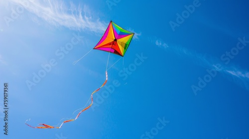 Vibrant kite flying in a clear blue spring sky