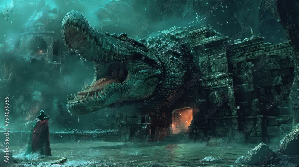 Crocodile, large figure against a dark background - obrazy, fototapety, plakaty 
