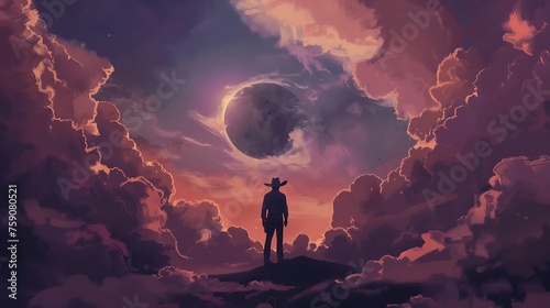 an AI image of a cowboy standing against a mesmerizing solar eclipse 