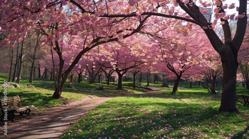 Blossoming cherry trees in a serene park