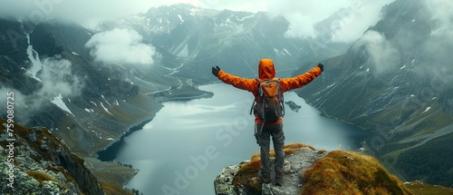 Traveler standing at the edge of a mountain arms wide open