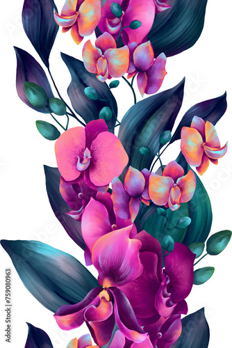 Vertical seamless border with watercolor orchid flowers in neon colors