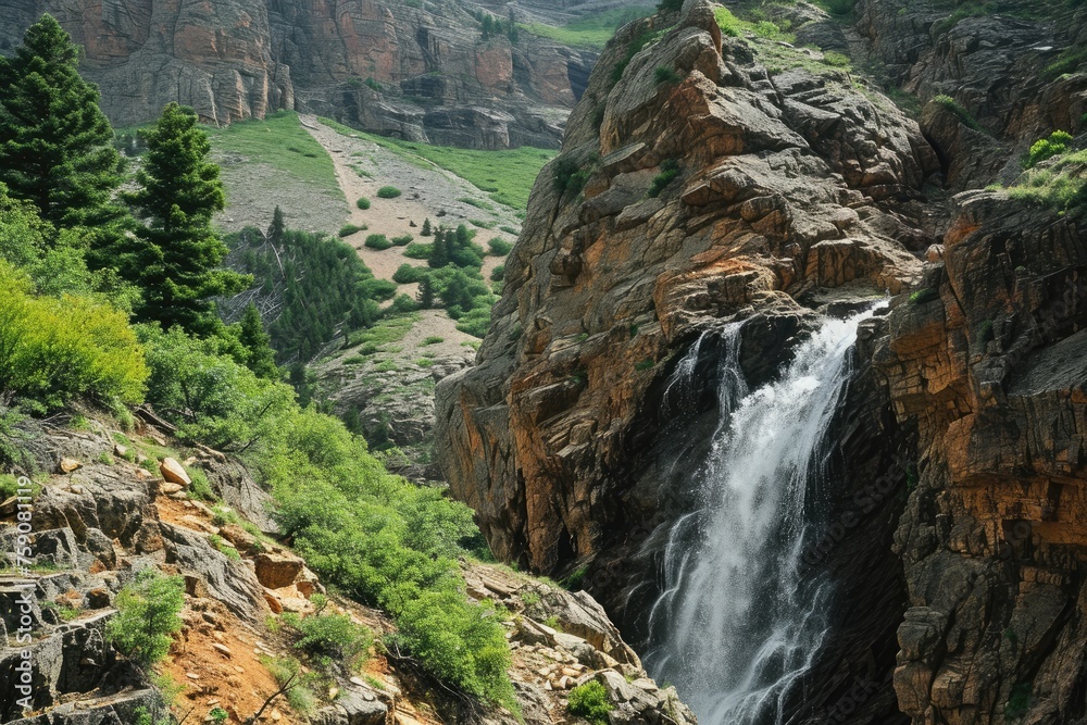 Grand waterfall cascading down rugged cliffs