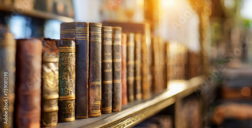 antichi libri sugli scaffali di una libreria, fuoco selettivo, prospettiva photo