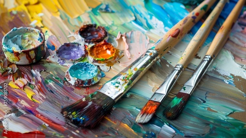 Artist's palette and brushes with vibrant paints