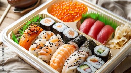 Assorted sushi set in a takeout container