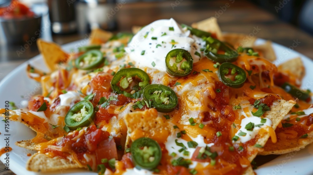 Cheesy nachos with jalapenos and sour cream Cheesy nachos with jalapenos and sour cream