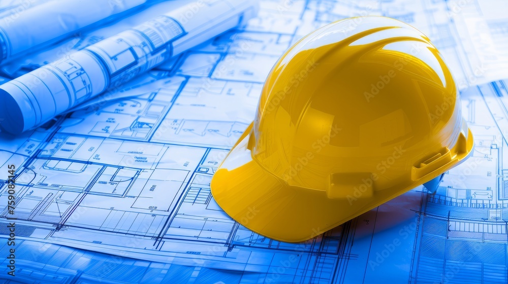 Construction hard hat and blueprints Construction hard hat and blueprints