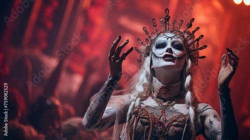 a spectacle featuring gothic character in terrifying makeup, offering a captivating and fear-filled theatrical performance 