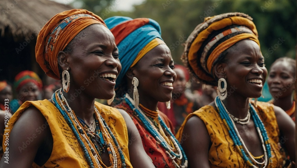 Group of African women adorned in vibrant traditional clothing