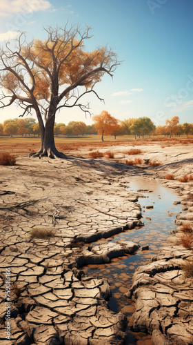 Drought. Desert landscape with cracked soil and dry trees. Global ecology concept.