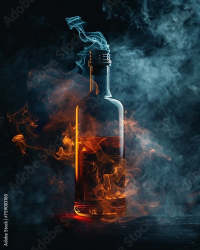 Experiment with different angles to showcase the swirling smoke within the bottle creating a sense of mystery and magic