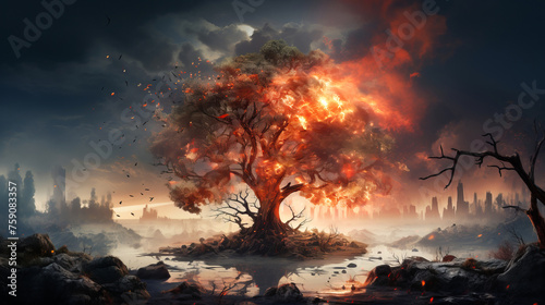 Forest fire. Burning tree and dark cityscape on background. Global warming and climate change, global ecology concept.