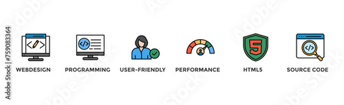 Mobile first banner web icon vector illustration concept for responsive web design with icon of webdesign, programming, user-friendly, performance, html5 and source code	