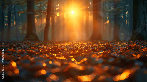 Photo of autumn forest. There are a lot of fallen leaves on the floor, and the sun is shining through the trees