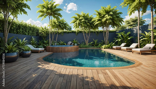 Am  nagement d une terrasse en bois autour de la piscine et du jacuzzi  design ext  rieur  am  nagement paysager - IA g  n  rative 