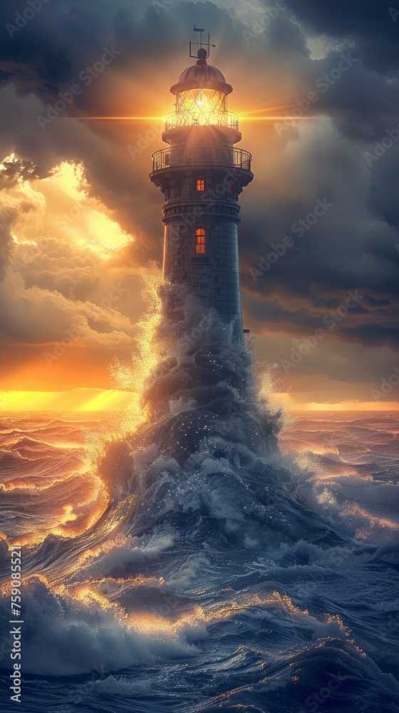 a light house during a storm in the sunlight