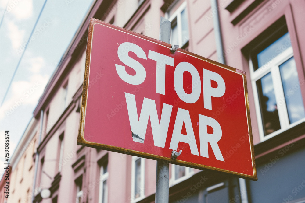 Sign graffitied with stop war message Sign graffitied with stop war message