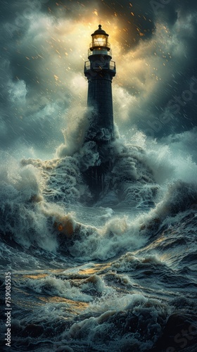a light house in the middle of a icy, snow storm in the middle of the ocean, bright yellow light in the horizon, fog in the bottom, amazing shot, hipper realistic, detailed. photo