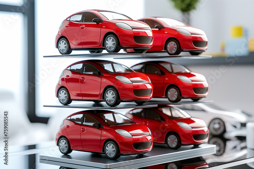 Collection of red model cars displayed on shelves with white background