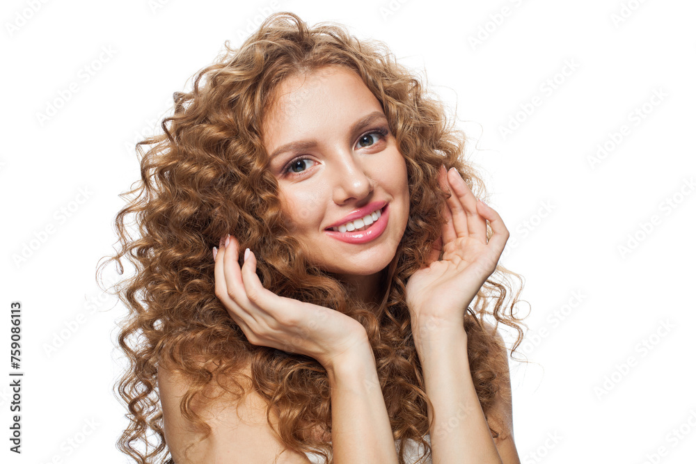 Excited good-looking redhead woman with clean skin, curly hairstyle and natural make-up. Female model on white background Excited good-looking redhead woman with clean skin, curly hairstyle and natural make-up. Female model on white background