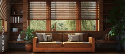 Creating a comfortable furniture setting with wooden window shades.