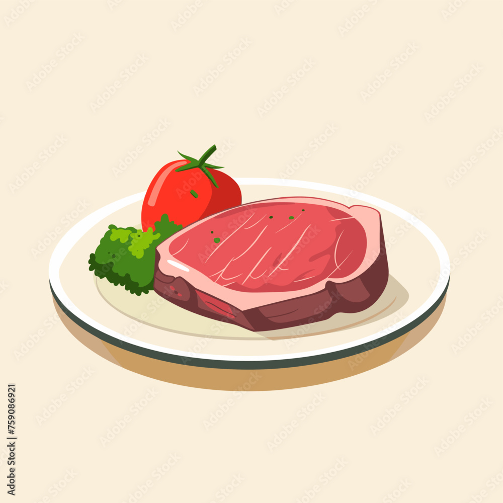 Illustration of beef steak on a white plate. Vector illustration. Picanha Brazilian beef cut