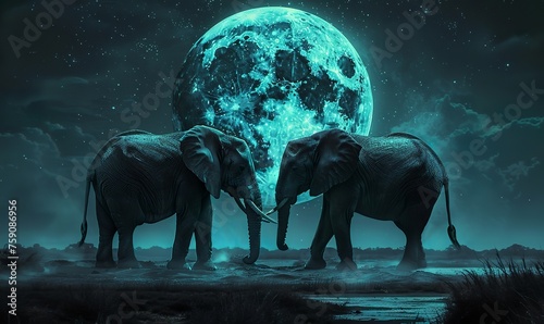 a high quality poster illustration of two elephants at savanna. silver teal moon in the middle of background © Pekr