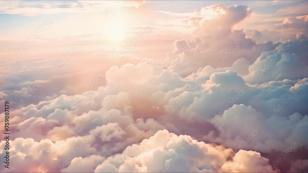 Beautiful aerial view above clouds at sunset, Beautiful cloudscape sunrise. AI-generated.