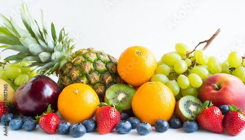 different fruits isolated on white background with copy space border made of fruits and berries