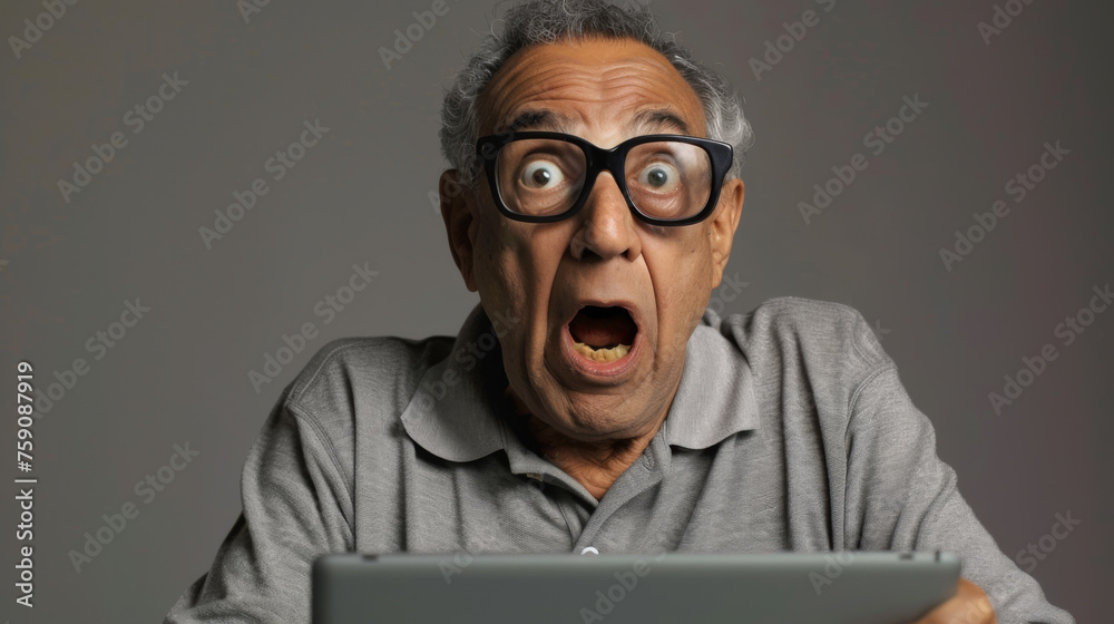 An older man with glasses is looking at a laptop screen with a highly surprised and almost comical expression.