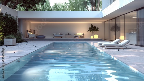 Relax in style with this AI-generated image of a modern backyard pool, featuring a minimalist design, sleek lines, and luxurious amenities. © ZQ Art Gallery 