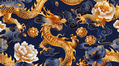 a classic Chinese pattern featuring golden dragons and peony flowers against a dark blue background. The dragons are depicted in the traditional Chinese style, symbolizing power and good fortune