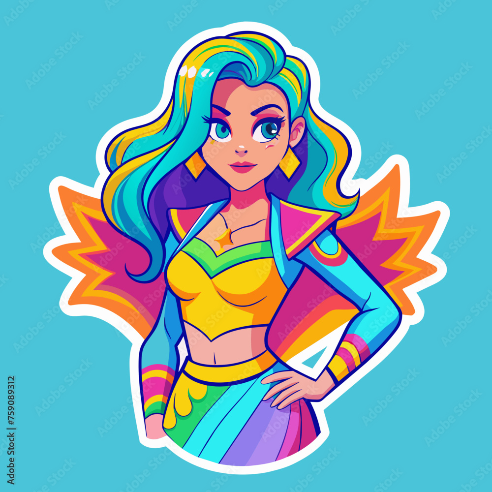 vibrant sticker featuring a beautiful girl in a fashion-forward outfit