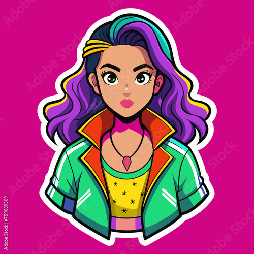 vibrant sticker featuring a beautiful girl in a fashion-forward outfit