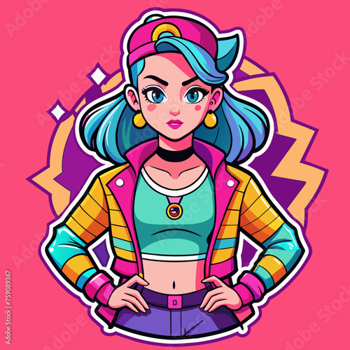 vibrant sticker featuring a beautiful girl in a fashion-forward outfit