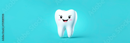 Banner with cute cartoon tooth character on a blue background. Minimalistic design for advertising a dental clinic, orthodontist's business cards.