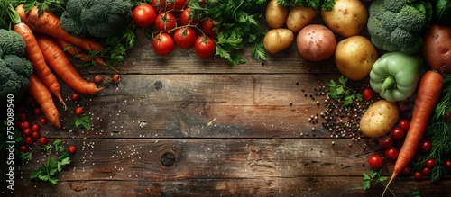 Organic vegetables on a wooden background with a place for text. Panoramic banner.