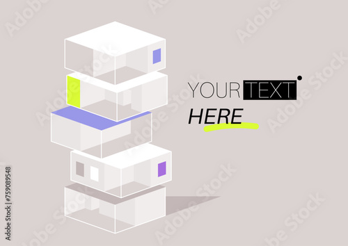 Abstract Urban Towers, Geometric Condo Blocks in Pastel Tones, Stylized condominium floors with a splash of vibrant colors stacked asymmetrically