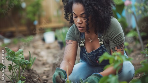A young, enthusiastic woman with gardening gloves is carefully planting green seedlings and sprouts in fertile soil, engaging in her garden work with a joyful dedication to horticulture.