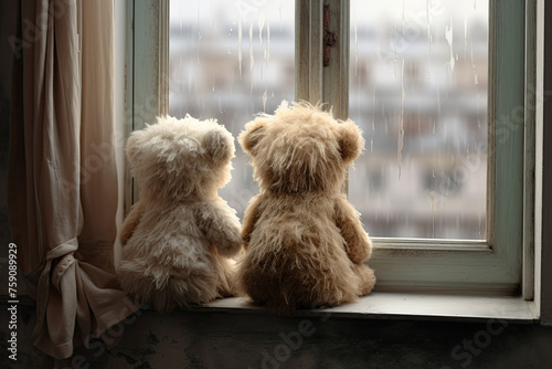 Two old plush toys sitting on a weathered windowsill with peeling paint in an old apartment, evoking a melancholic atmosphere. This poignant scene captures the passage of time and nostalgia