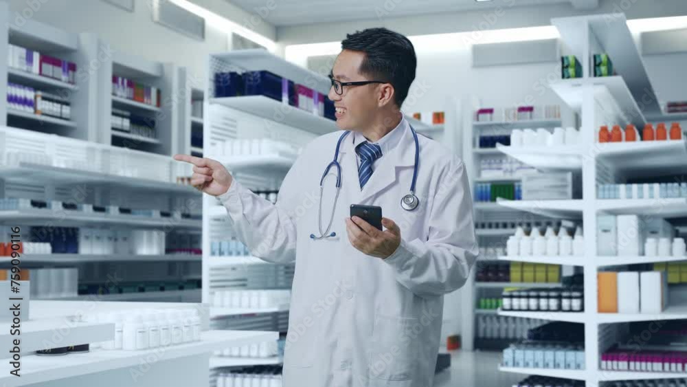 Asian Male Doctor With Stethoscope Using Smartphone And Pointing To The Side While Standing In Pharmacy Asian Male Doctor With Stethoscope Using Smartphone And Pointing To The Side While Standing In Pharmacy