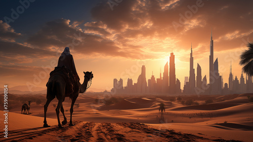 Desert Sunrise and Futuristic City Skyline with Camel Rider     
