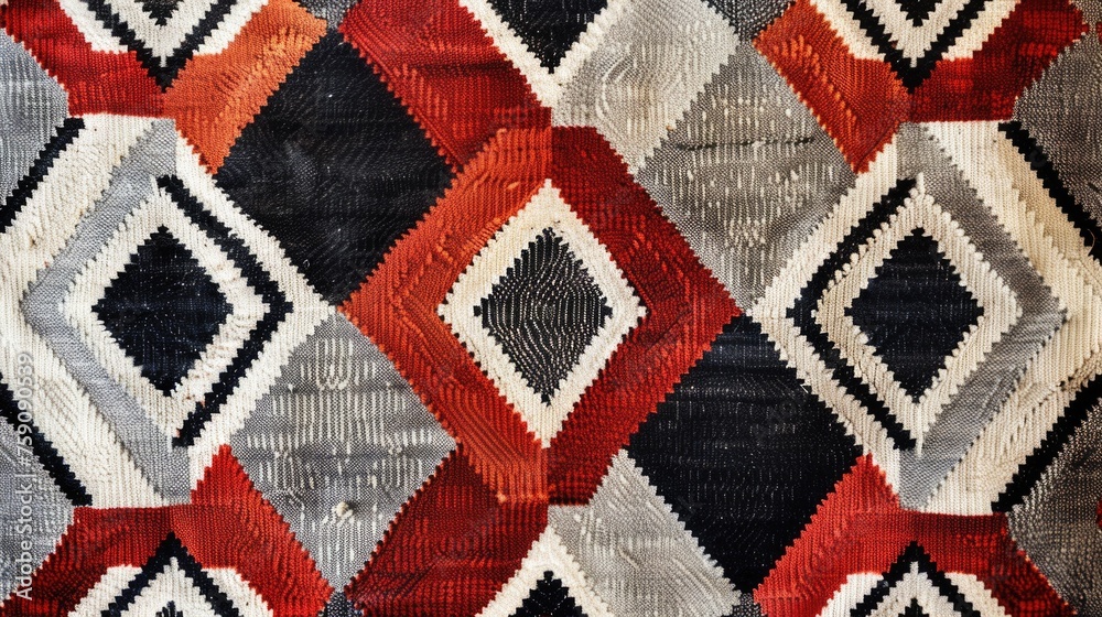 a traditional Sadu weaving pattern. It's a highly geometric pattern with repeated diamond shapes and a limited color palette of red, black, white, and gray, often seen in Arabian handwoven textiles - obrazy, fototapety, plakaty 